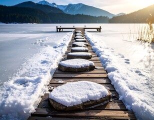 Snowy winter wooden dock on frozen lake