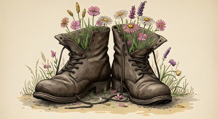 Two brown boots filled with various flowers and vegetation on a pale background