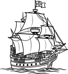 Vintage Black and White Sailing Ship Illustration