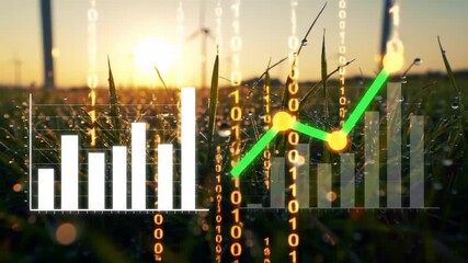 Vibrant Green Grass Field with Dewdrops and Animated Data Overlay at Golden Sunrise - Powered by Adobe