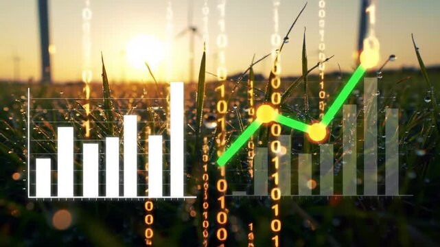 Vibrant Green Grass Field with Dewdrops and Animated Data Overlay at Golden Sunrise - Powered by Adobe