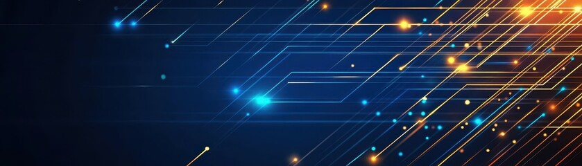 Abstract digital background with glowing lines and particles in vibrant blue and orange colors representing technology innovation and futuristic connectivity