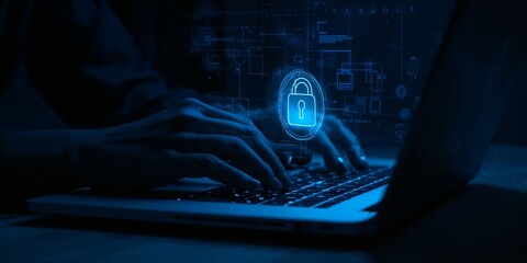 Computer user typing on keyboard beside digital lock interface; network security, MFA and privacy protection; abstract overlay UI, safe online banking and secure access in a modern dark tech scene