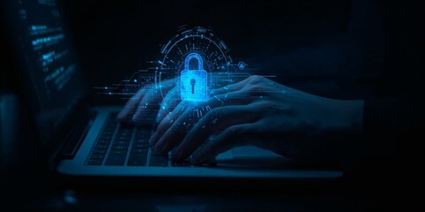 Developer at notebook with holographic lock and code windows; identity and access management, VPN, firewall and threat detection; robust cyber defense and safe cloud computing after hours