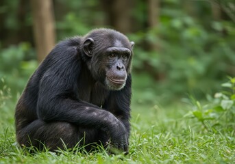 Chimpanzee sitting on grass in a forest looking forward with a thoughtful expression on its face