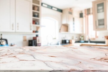 Empty wood desk top and kitchen interior