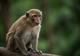 A macaque monkey perched on a branch looking to the side with a blurred green background outdoors