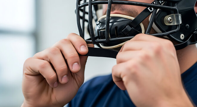 American Football Player Adjusting Helmet Straps Before Game Preparation Readiness