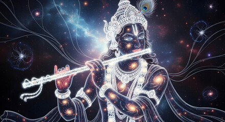 A cosmic depiction of Lord Krishna playing his flute, with swirling galaxies and nebulae forming his divine form against a dark, star-filled expanse.