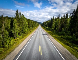Fototapeta premium Straight road through a lush forest on a sunny day