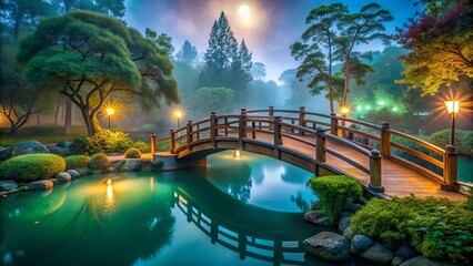 Small wooden bridge in a tranquil Japanese garden at night, glowing lanterns reflecting on lake, mist rising, surrounded by lush trees under moonlit sky