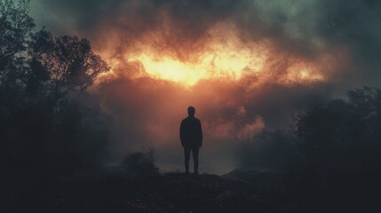 Fototapeta premium Silhouette of a person standing on a hilltop, with dramatic clouds and an apocalyptic sky.