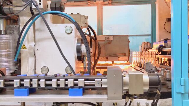 Blow molding machine producing clear plastic bottles on factory production line.