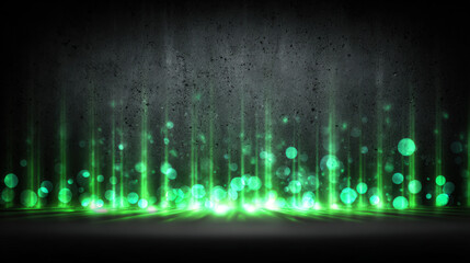 Eco-friendly tech wallpaper with radiant green beams and glowing bokeh highlights on dark background, symbolizing data and sustainability