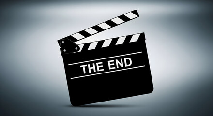Naklejka premium Black film clapperboard with text the end isolated on gradient background, cinema movie production symbol representing filmmaking, creativity, entertainment, and film industry conclusion