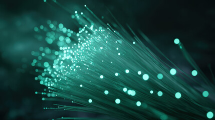 Fototapeta premium Eco-friendly tech wallpaper with radiant green beams and glowing bokeh highlights on dark background, symbolizing data and sustainability