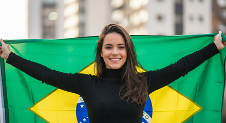 Young woman celebrating Brazil Independence Day with national flag
