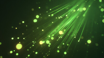 Eco-friendly tech wallpaper with radiant green beams and glowing bokeh highlights on dark background, symbolizing data and sustainability