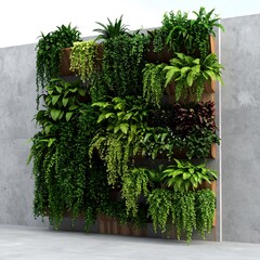 Lush Vertical Garden Wall with Diverse Greenery and Natural Wood Frame.