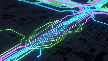 Zoom into glowing neon circuit lines like digital rivers