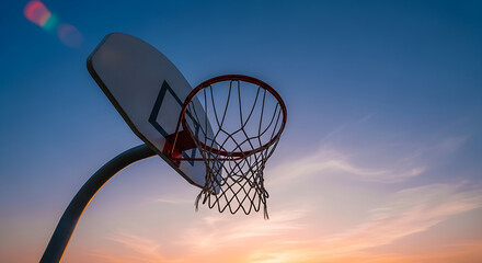 Basketball hoop and net against a vibrant sunset sky with wispy clouds and lens flare