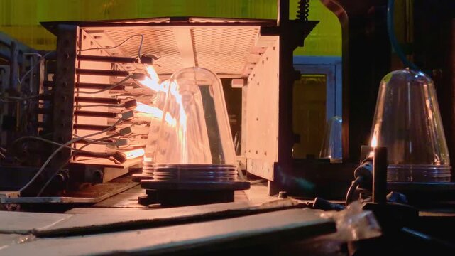 Blow molding machine producing clear plastic bottles on factory production line.