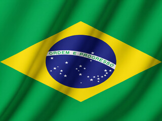 Fototapeta premium Brazilian national flag with green background, yellow diamond, blue globe, white stars, and symbolic patriotic message