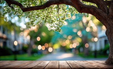 Wooden table in front of a blurred spring street scene