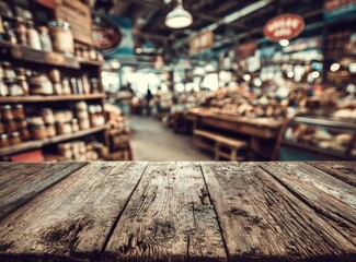 Rustic wooden table in a blurred market background
