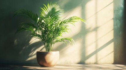 Green Palm Plant in a Brown Pot Against a Wall with Sunlight Streaming Through a Window
