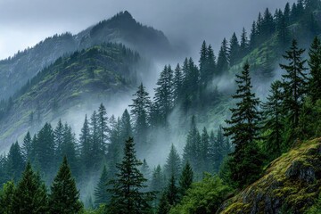 Obraz premium Misty mountain landscape with evergreen trees