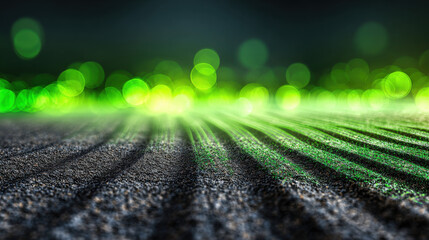 Eco-friendly tech wallpaper with radiant green beams and glowing bokeh highlights on dark background, symbolizing data and sustainability