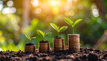 Fototapeta premium Growing plants on coins in soil