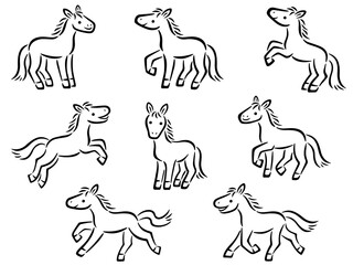 手描き風の馬の線画イラストセット
