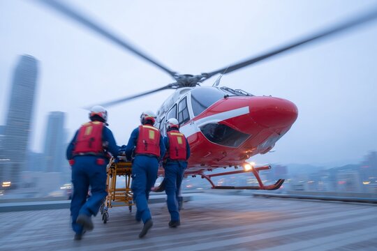 A medical team unloads a patient from a helicopter on a hospital rooftop heliport. Concept for emergency medevac and trauma care.