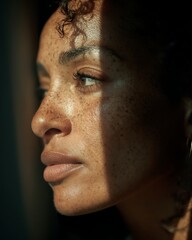 Obraz premium The mother's face is dark-skinned in natural light, with dark freckles clearly visible around her cheeks.