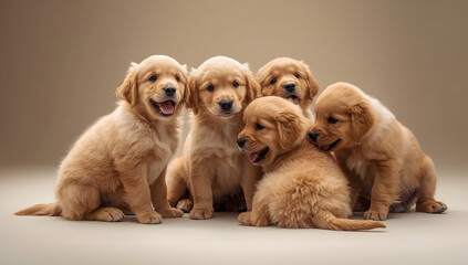 Playful golden retriever puppies indoor studio photography neutral background close-up view adorable concept