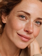 A fair-skinned mother with some freckles around her cheeks and eyes smiles gently and looks sincere.