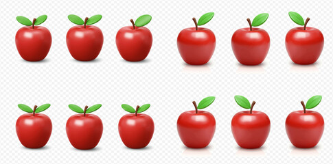 Twelve vibrant red apples with green leaves and stems arranged in two rows on a transparent background.