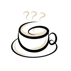 Minimalist logo of a coffee cup with steam lines, simple flat illustration style, perfect for cafe or coffee shop branding.