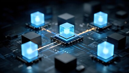 Glowing data cubes interconnected on a circuit board