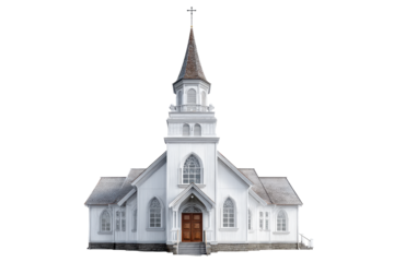 White Wooden Church with Steeple on Transparent Background