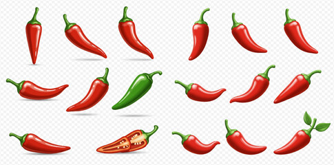 Collection of fresh red and green chili peppers in different positions, including one cut open.