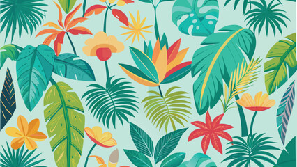 Vibrant tropical foliage pattern with palm leaves and exotic flowers vector