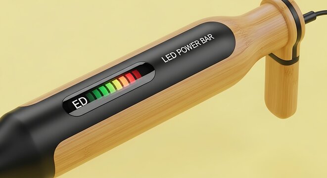 Close up of a wooden led power bar with a black cable on a yellow background showing the power level