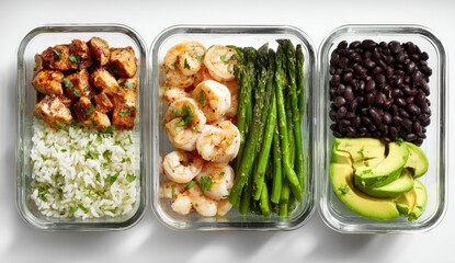 Three glass containers of healthy meal prep seasoned chicken with rice, shrimp with asparagus, and black beans with avocado