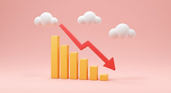 Financial decline concept with red arrow pointing down over a bar graph showing losses and white fluffy clouds in the background