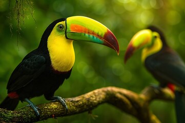 Naklejka premium Colorful Toucan Bird Perched on Branch in Tropical Green Forest