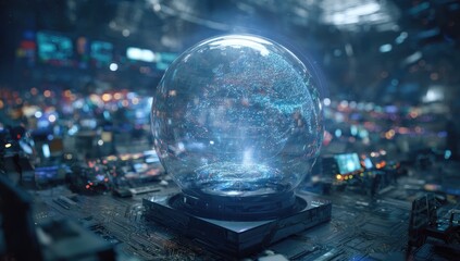 Crystal sphere displaying a futuristic world map on a tech base