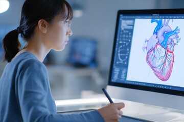 A medical illustrator uses a graphics tablet to draw a detailed anatomical heart. Concept for scientific and medical visualization.